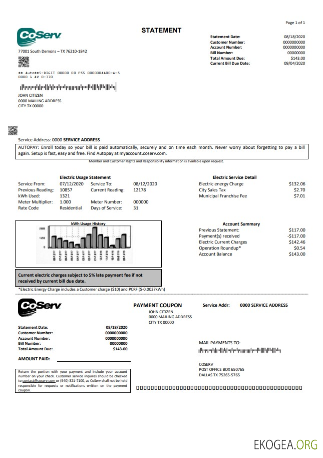 USA Texas CoServ utility bill template in Word and PDF format